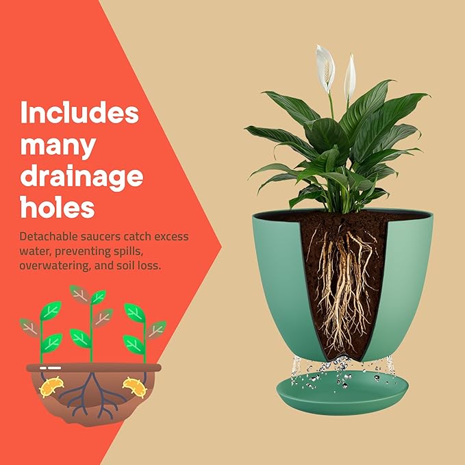 Planter Pots with Drainage Holes - Lightweight, Durable, & Space-Saving Pots for Indoor and Outdoor - Versatile Functionality, Simple Modern Design, Set of 15 Plastic Planter Pots Mint