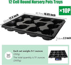 RooTrimmer 12 Cell Round Nursery Pots Trays Thickened Durable Seedling Pots Shuttle Carrying Trays for Holding 4 inch Nursery Pots (16.85" × 12.6", 10-Pack)