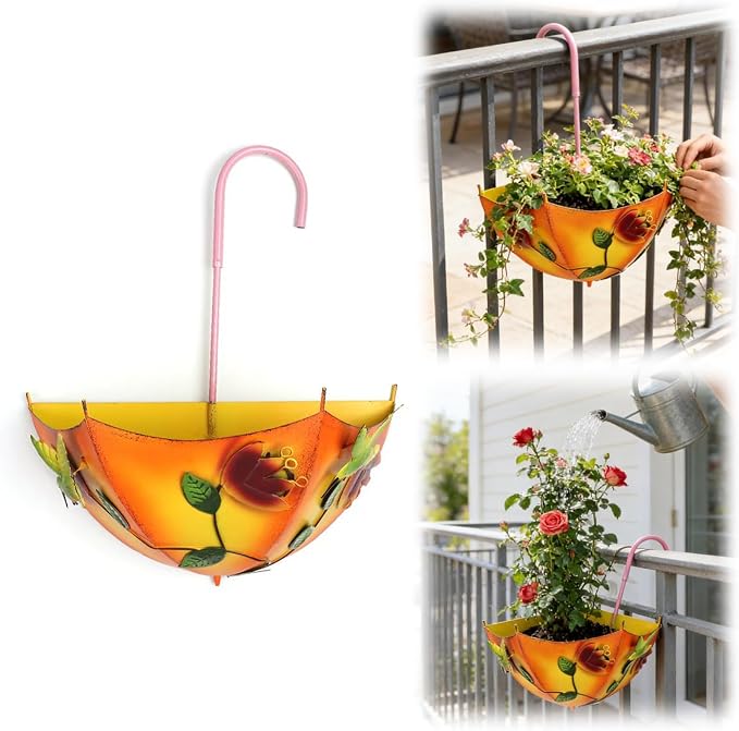Plant Umbrellas for Outdoor Plants, Farmhouse Umbrella Shaped Wall Hanging Planter – Metal Iron Art with Drainage Holes, No-Drill Rustproof Flower Pot for Yard, Patio, Balcony