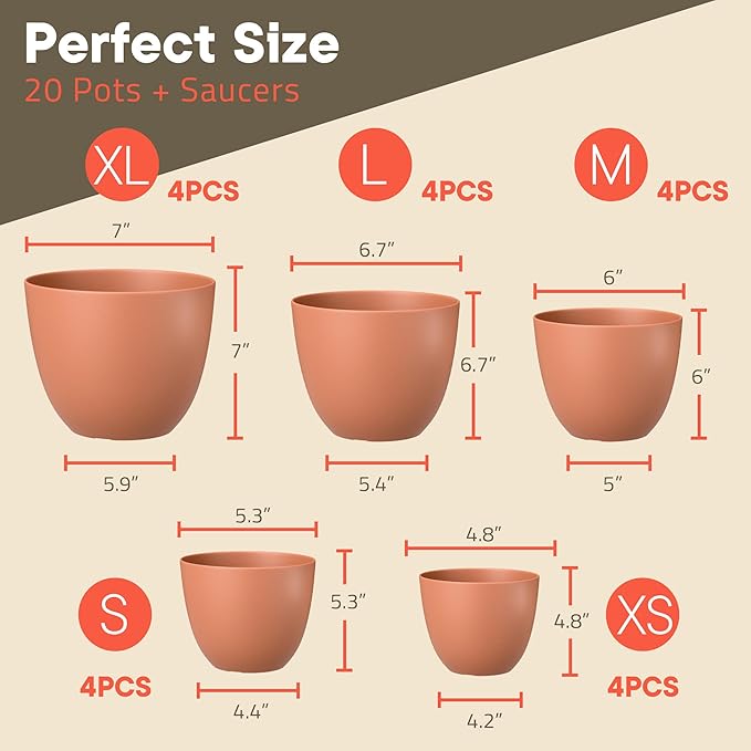 Planter Pots with Drainage Holes - Lightweight, Durable, and Space-Saving Pots for Indoor and Outdoor - Versatile Functionality, Simple Modern Design, Set of 20 Plastic Planter Pots - Terracotta