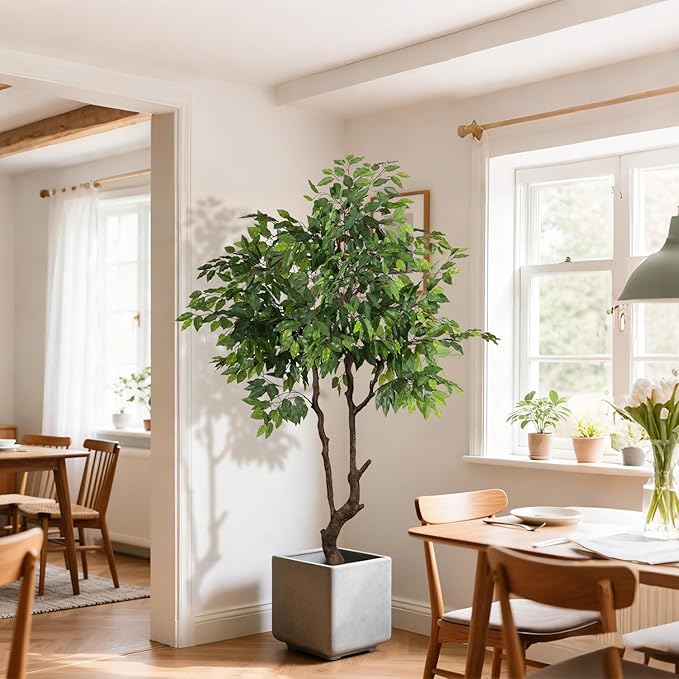 Artificial Ficus Tree 6ft(72in) Faux Floor Potted Tree for Indoor Decor Large Realistic Trees Plants with Silk Leaves and Natural Wood Trunk for Home Living Room,Office Foyer Decor.