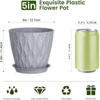 Meowell 5 inch Plant Pots for Indoor Outdoor Plants, 6 Pack Thick Flower Pots with Drainage Holes and Saucers, 3D Modern Wave Texture Small Plastic Planters Nursery Pots, Speckled Grey
