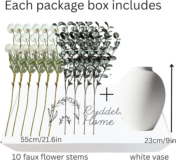 White Artificial Flowers & Greenery With Vase, Faux Floral Arrangement Centerpiece for Dining Table, Realistic Silk Flowers With Modern Vase for Kitchen, Living Room, Bedroom, Entryway & Bathroom
