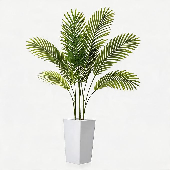 Garvee 4.3FT Artificial Palm Tree, Tall Faux Tropical Areca Plants with White Tall Planter, Fake Potted Tree with Lifelike Leaves for Indoor Living Room Bedroom Home Office Decor