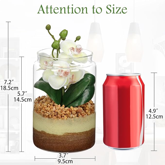 White Orchids Artificial Flowers with Vase, Small Faux Orchid Arrangement Fake Orchids Plant in Terrarium Jar Small White Orchid Centerpieces for Kitchen Dining Room Tables Bathroom Nightstand Decor