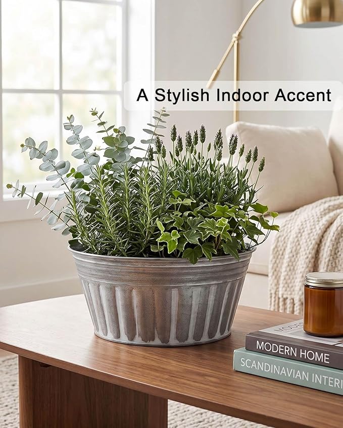 vensovo 10 Inches Silver Metal Rustic Plant Pots - 4 Pcs Large Shallow Galvanized Planters with Drain Hole and Rubber Plug, Rustproof Tin Bucket Succulent Pot Indoor Farmhouse Vintage Style for Decor