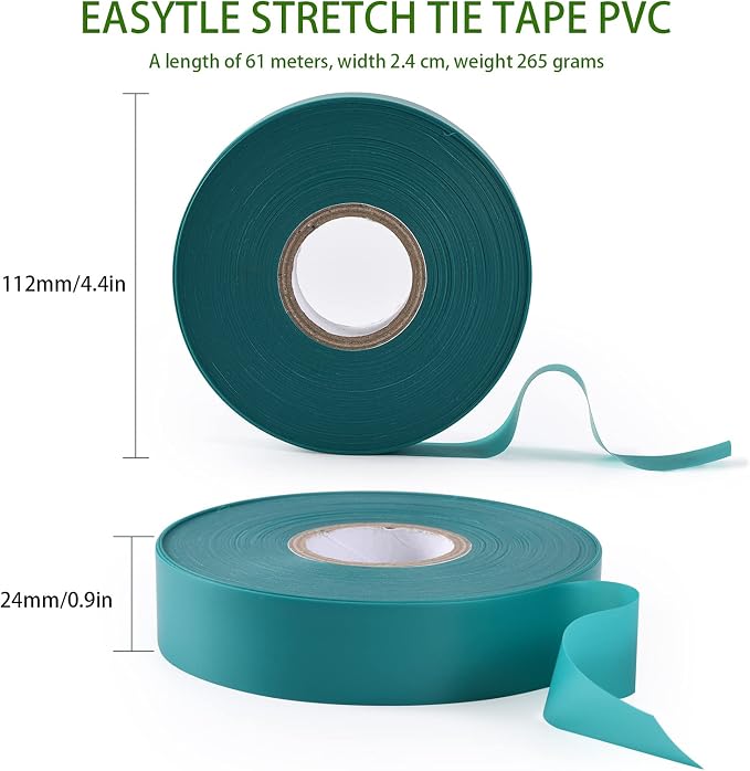 TELENT OUTDOORS 4 Rolls Stretch Tie Tape, 1” Wide 200FT Reusable Garden Plant Ties Green Tapes for Plants, Thick Garden Vinyl Stake Ribbon for Branches Flowers Tomatoes Indoor Outdoor Greenhouse
