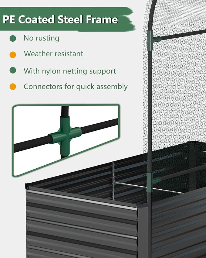 FOOWIN Raised Garden Bed with Arch Trellis for Climbing Plants,Galvanized Raised Garden Bed,Planter Boxes Outdoor for Vegetables Flowers Herb,478 Gallon Capacity Black