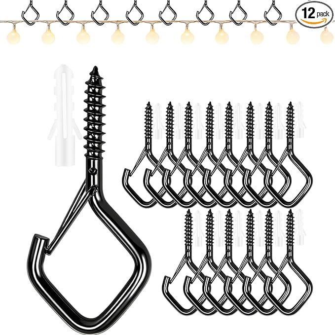 12 PCS Q-Hanger Hooks for String Lights, Ceiling Hangers for Plants & Wind Chimes, Christmas Decorations Outdoor Hooks (Square Hanger) Black