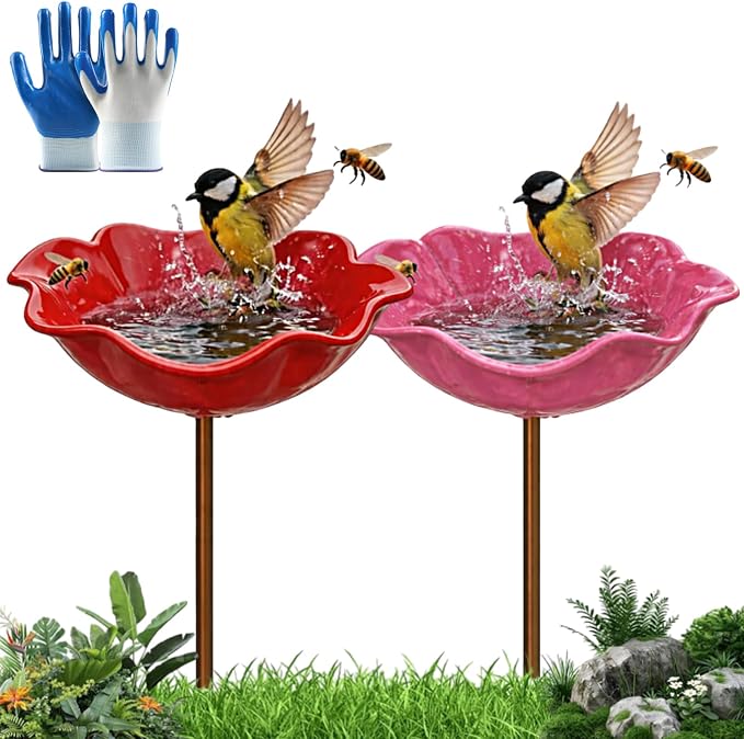 Handmade Metal Flower Garden Stakes, Metal Flower Garden Stakes Bird Bath, Flower GardenStakes BirdBath, Mini Bird Bath & Pollinator Water Station, for Yard, Patio, Lawn (2pcs Red+ Pink)