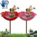 Handmade Metal Flower Garden Stakes, Metal Flower Garden Stakes Bird Bath, Flower GardenStakes BirdBath, Mini Bird Bath & Pollinator Water Station, for Yard, Patio, Lawn (2pcs Red+ Pink)