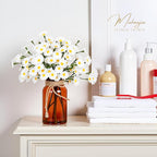 Muhanjia Artificial Daisy Flowers in Amber Glass Vase with Faux Water,9Pcs White Artificial Silk Flowers with Stems for Centerpiece (Daisy)
