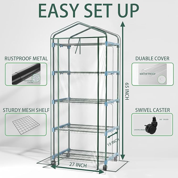Mini Indoor Greenhouse with Grow Light - Portable Outdoor for Plants Green House Cabinet with Wheels, Tent Cover, 4 LED Lights with Dimmable 3 Color 36W, 4 Tier Gardening Shelves