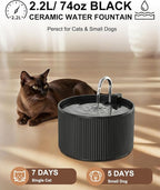 Ceramic Cat Water Fountain, 2.2L/74oz Automatic Pet Drinking Fountain for Indoor Cats and Small Dogs, Ultra Quiet, BPA-Free, Cat Water Dispenser with Filter – Easy to Clean