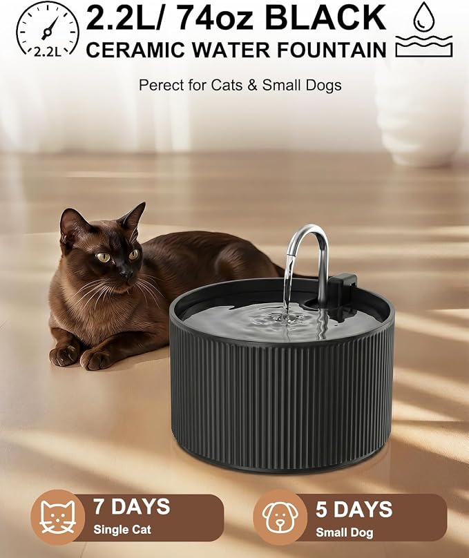Ceramic Cat Water Fountain, 2.2L/74oz Automatic Pet Drinking Fountain for Indoor Cats and Small Dogs, Ultra Quiet, BPA-Free, Cat Water Dispenser with Filter – Easy to Clean