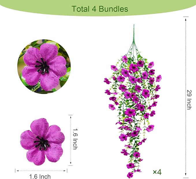 4 Pcs Fake Outdoor Artificial Flowers For Outdoors Uv Resistant, Plastic Flowers For Outdoors, Fake Hanging Plants Faux Flowers For Outdoor Planters, Silk Spring Flowers For Outside Porch（Purple ）