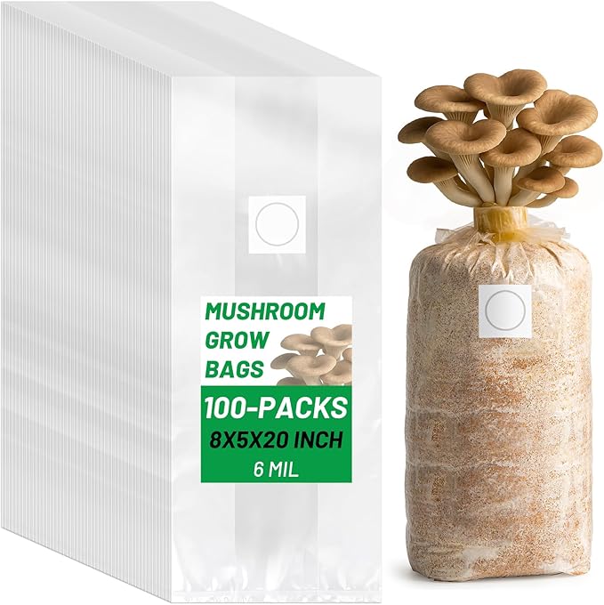 GREANER 6 Mil 100PCS Mushroom Bag, Large Size 8"x5"x20" Grain Spawn Bags for Bamboo、Fungus、Ganoderma、Mushrooms、Substrates、Grains