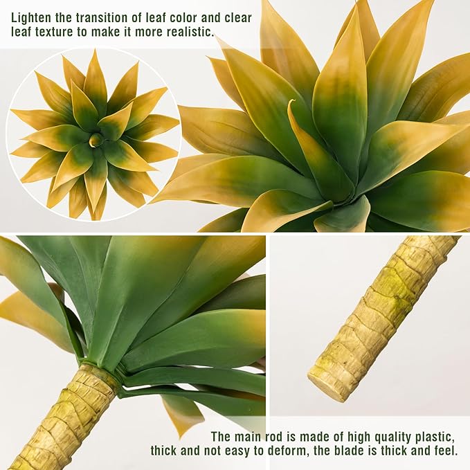 Ttranewsoo Artificial Agave Plants,Large UV Resistant Fake Agave Planters for Indoor and Outdoor Decorating Tropical Plant Succulents Greenery Indoor Decor (2Pack,18" Yellow)