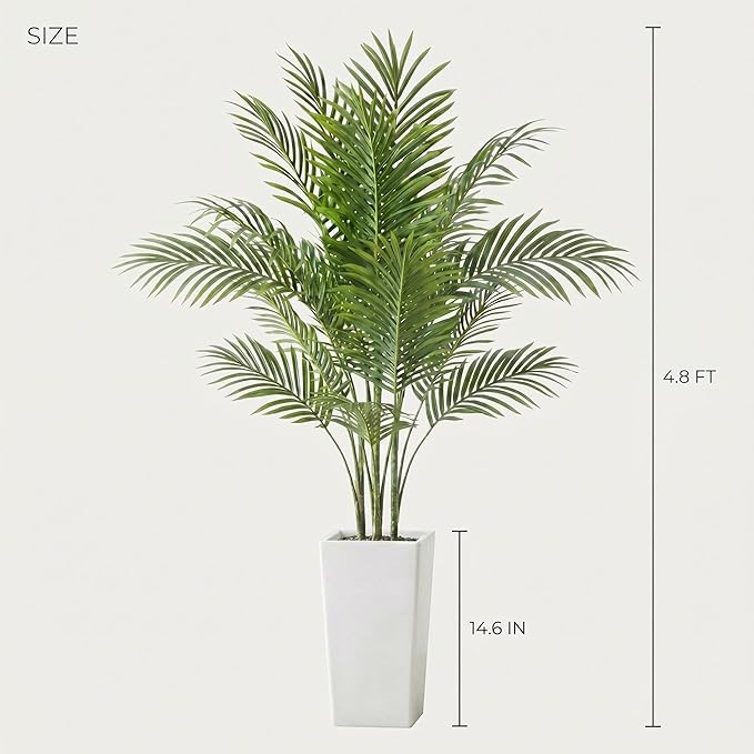 Garvee 4.8FT Artificial Palm Tree, Tall Faux Tropical Areca Plants with White Tall Planter, Fake Potted Tree with Lifelike Leaves for Indoor Living Room Bedroom Home Office Decor