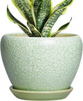 Ceramic Flower Pots - 6 Inch Plant Pot with Drainage Hole and Saucer, Modern Plant Pots for Indoor Succulent Plants, Round Indoor Planter, House Decor, Gardening Gifts, Crackle Light Green