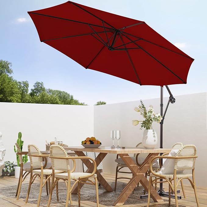 wikiwiki 10ft Patio Umbrellas Offset Outdoor Cantilever Hanging Umbrella, Fade Resistant Waterproof Recycled Fabric Canopy for Yard, Garden & Deck, Burgundy Red