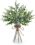 Coferset Eucalyptus Stems in Glass Vase with Faux Water, 14" Eucalyptus Fake Plants for Home Bathroom Counter Office Kitchen Farmhouse Shelf Centerpiece Coffee Table Decor(Sage Green)