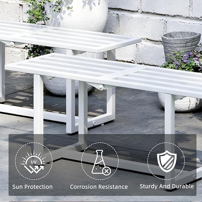 Plant Stand Indoor Outdoor, Foldable Metal Plant Shelf for Multiple Pots, Mid Century Slatted Bench for Patio Garden, Heavy Duty Capacity 330 lbs 2 Pack White