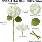 4 Pcs Real Touch White Hydrangeas Artificial Flowers 20'' Long Stem Faux Hydrangeas for Porch Party Wedding Baby Shower Home Decor Kitchen Table Centerpiece