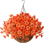Artificial Fall Flowers for Outdoor, 12 Bundles Faux Pansy Fake Mums Flowers Plants Outdoor Fall Decor, UV Resistant No Fade Silk Flower for Autumn Porch Planter Patio Windowbox Yard Garden(Orange)