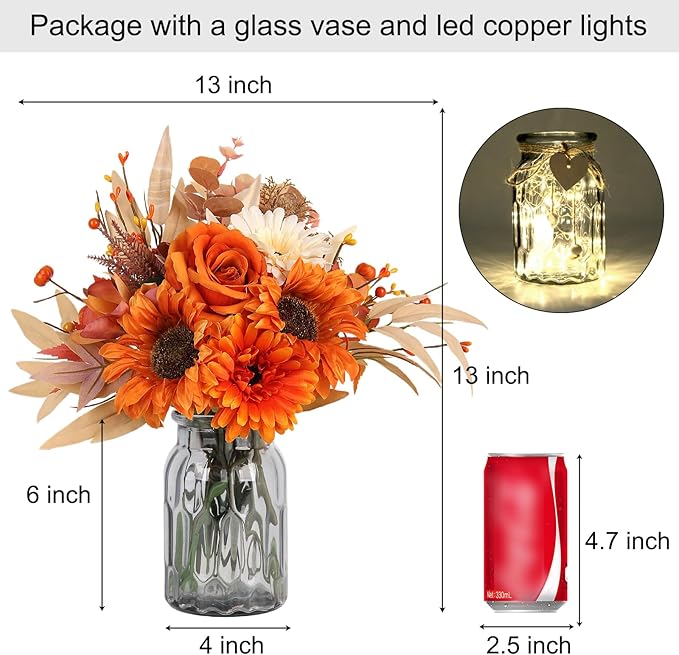 Faux Flowers with Vase, Artificial Silk Roses in Vase, Fake Plant Eucalyptus Flower Arrangement for Fall Decorations Indoor Home Office Farmhouse Table Centerpiece Coffee Table Decor (Orange)