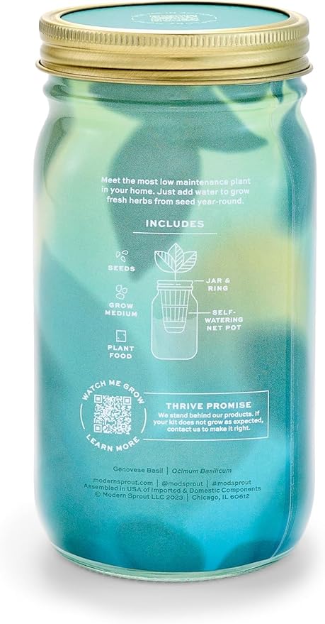Modern Sprout Mason Garden Jar + Replant Kit -Self-Watering Hydroponics Growing System Kit w/Organic Herb Seeds - Sprouting Jar Planter for Indoor Herb Garden - Seed Starter -Home Decor Gifting -Basil