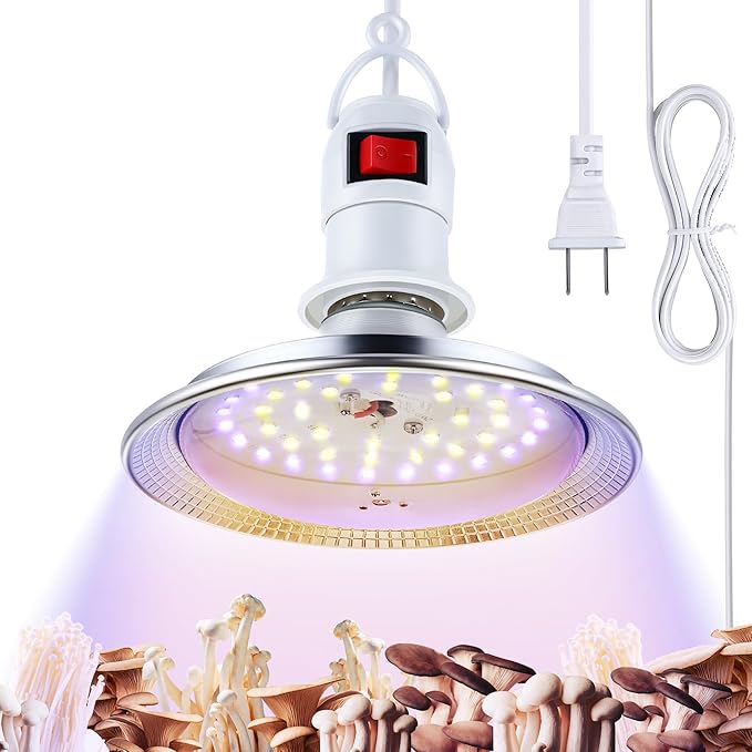 Meonum 1 Pack Hanging Mushroom Grow Light, E27 LED Grow Lamp for Indoor Plants, Decorative 6000K Blue & 5000K White Spectrum, 4.9FT Cord with Switch, Unique Mushroom Plant Light