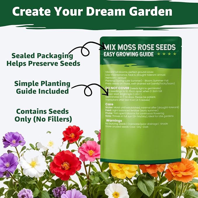 24000+ Moss Rose Seeds for Planting, Portulaca Seeds for Ground Cover, Drought Tolerant Annual Flowers for Gardens, Borders, Containers & Landscaping