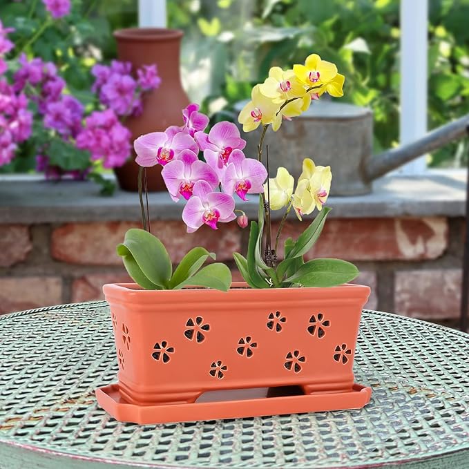 Rectangle Ceramic Orchid Pot 10In Orchid Pots with Holes for Premium Ceramic Orchid Planter for Indoor and Outdoor Use Drainage & Air Circulation Red Orchid Planter for Repotting or New Plants