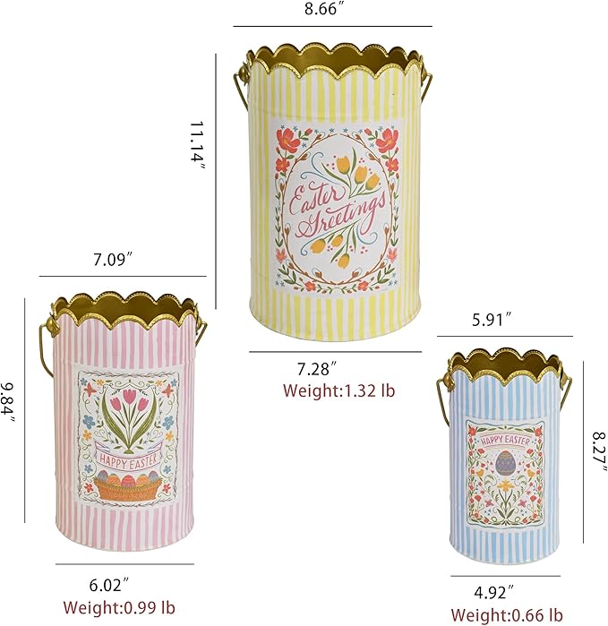 Set of 3 Vintage Floral Metal Bucket, Multi-Size Planters for Flowers & Easter Egg Containers, Rustic Garden & Home Decor