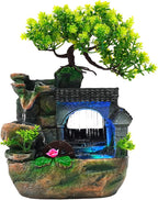 Tabletop Waterfall Fountain – 11 in Rockery Humidifier with Color-Changing LED Light, Adjustable Pump & Faux Bonsai Tree, Resin Indoor Desk Fountain Décor for Bedroom, Office, Aquarium, Meditation