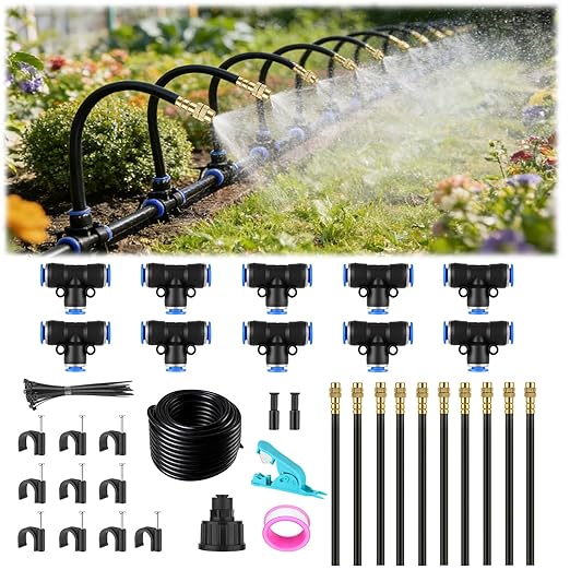 Drip Irrigation System, 30FT 1/4" Garden Watering for Outdoor Plants & Raised Beds, 10pcs Upgraded Brass Nozzles 360° Adjustable Misting Kit, UV-Resistant Tubing for Greenhouse, Lawn & Patio Cooling