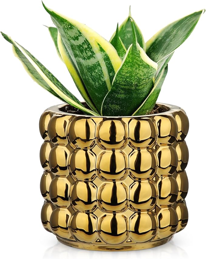 5 Inch Ceramic Planter Pot for Indoor Plants with Drainage Hole Bubble Flower Planter Hobnail Plant Pot Garden Planter Gold Succulent Plant Pot Utensil Holder