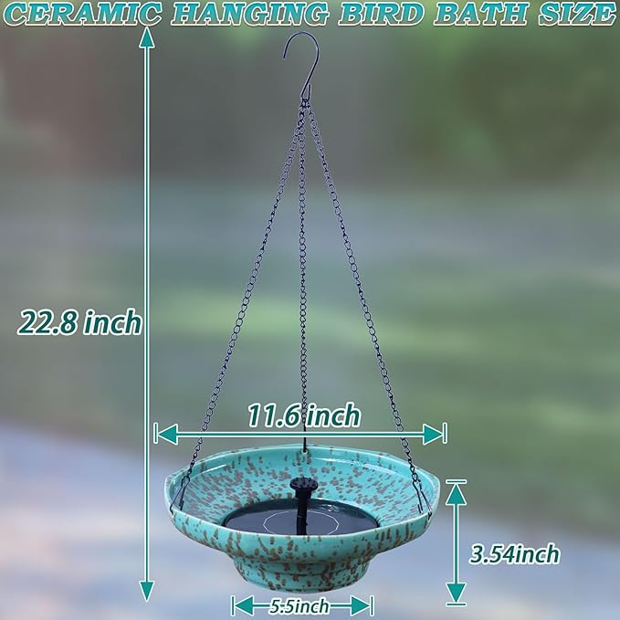 Solar Fountain Ceramic Hanging Bird Bath,Bird Bath for Outside,Outdoor Fountain Bird Bath,Garden and Home Decor