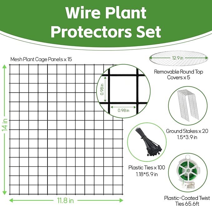 5 Pack Plant Protector from Animals, Wire Plant Cages Garden Plant Protectors, 15pcs Metal Mesh with Covers, Bunny Barricades Chicken Wire Cloche for Flower Vegetable to Keep Animals Out