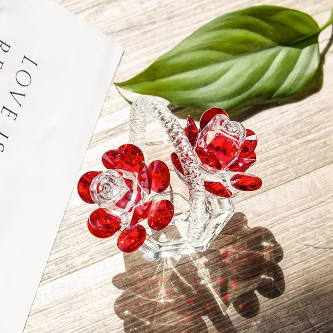 H&D HYALINE & DORA Crystal Red Rose Flower Basket Crystal Collectible Figurines Ornaments for Home Decor Table Centerpiece