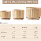 Beige Ceramic Planter Set of 3, 4.3+5.5+6.7 Inch Indoor Plant Pots with Drainage Hole, Saucer & Mesh Pads, Ceramic Striped Decorative Plant Pots for Garden Pots, Outdoor and Indoors Planters