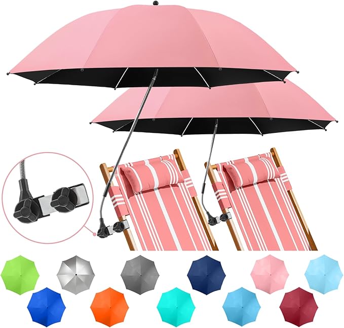 2 PACK Beach Umbrella with Clamp, 360 ° Adjustable Umbrellas for Chair, UPF50+ Umbrella for Beach Chair, Patio Chair, Wheelchair, Camping Chair, Golf Carts (Chair Not Included)