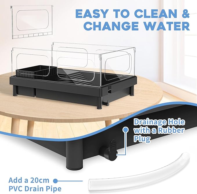 MoonOrange Small Turtle Tank, Aquarium, Acrylic Terrarium with Basking Platform, Bottom Drainage, Multi-Function Areas for Turtles, Crabs, Crayfish, Reptiles.(Black)