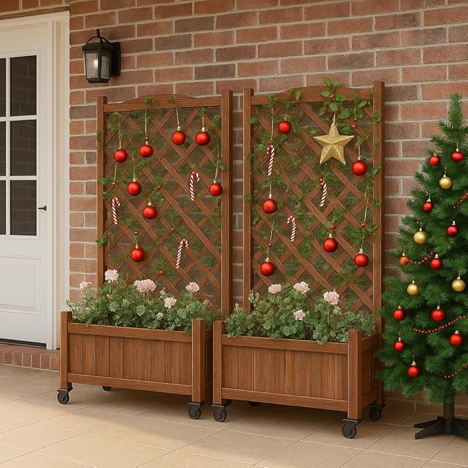 Upgraded 2-Pack 50" Tall Trellis Planter Box with Wheels, 49.8"H × 27.6"W × 13.0"D Solid Fir Wood Raised Garden Bed & Lattice Privacy Screen, Rolling Planter with Drainage for Patio/Garden