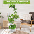 TOSKING 5-Tier Metal Plant Stand, Anti-Tip Round Base for Pots, Child & Pet Friendly, Space Saving Corner Shelf Flower Pot for Indoor Outdoor Use, Living Room Balcony Patio Garden (White, 38in)