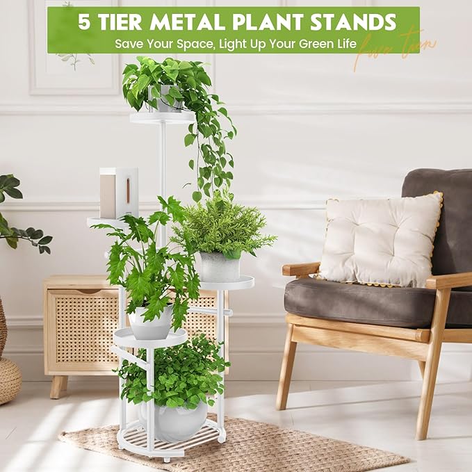 TOSKING 5-Tier Metal Plant Stand, Anti-Tip Round Base for Pots, Child & Pet Friendly, Space Saving Corner Shelf Flower Pot for Indoor Outdoor Use, Living Room Balcony Patio Garden (White, 38in)