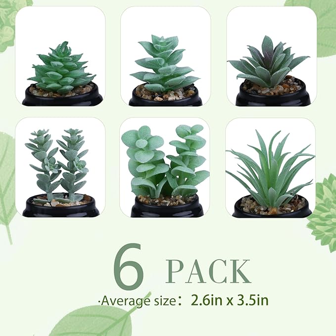 GREENTIME 6 Pcs Green Artificial Succulent Plants in Black Plastic Pots Mini Faux Succulent Plants Indoor Room Decor Aesthetic Bedroom Shelf Desk Bathroom Office Table Home Decoration