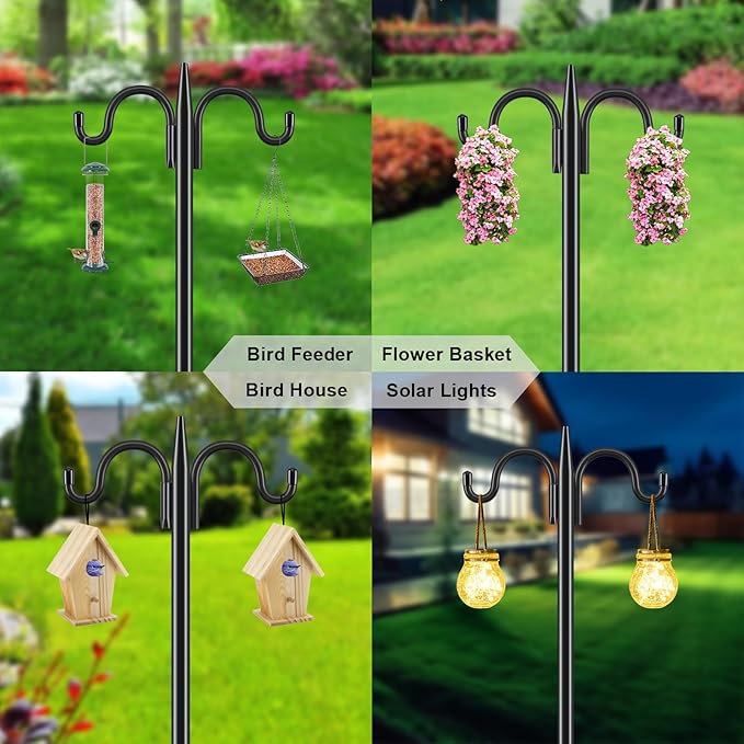 Gtongoko Double Shepherds Hook for Outdoor, 2 Pack 92 Inch Heavy Duty Bird Feeder Pole 3/4 Inch Thick Garden Hooks for Hanging Hummingbird Feeder, Plant Baskets, Solar Light Lanterns