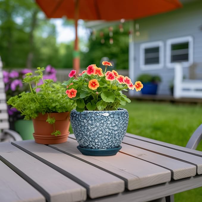 Ceramic Plant Pots - 6 Inch Planter with Drainage Hole and Tray, Decorative Plant Pots for Indoor Outdoor Plants, Round Modern Flower Pot, Home Decor, Gifts for Men Women, Stone Blue